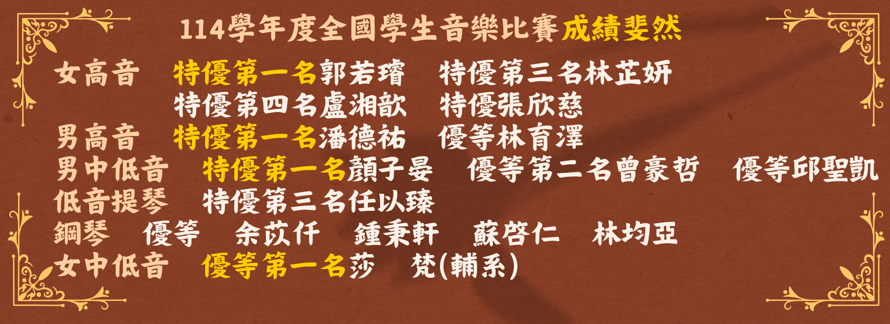 114學年度全國學生音樂比賽成績斐然